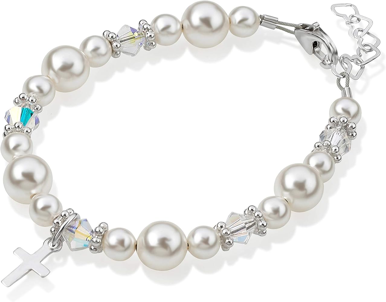 Sterling Silver Cross Charm Bracelet for Kids - with Austrian Simulated Pearls and Crystals - Best Baptism and Christening Gift (BCRSS)