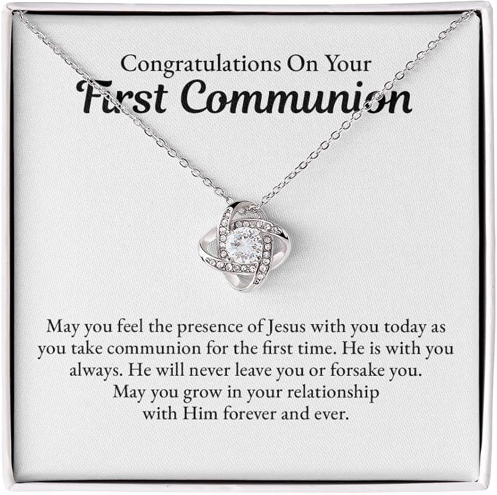 Congratulation On Your First Communion Necklace Gift For Young Girls, Christian Necklace Gift For Girls, And Love Knot Necklace With A Meaningful Message Card.