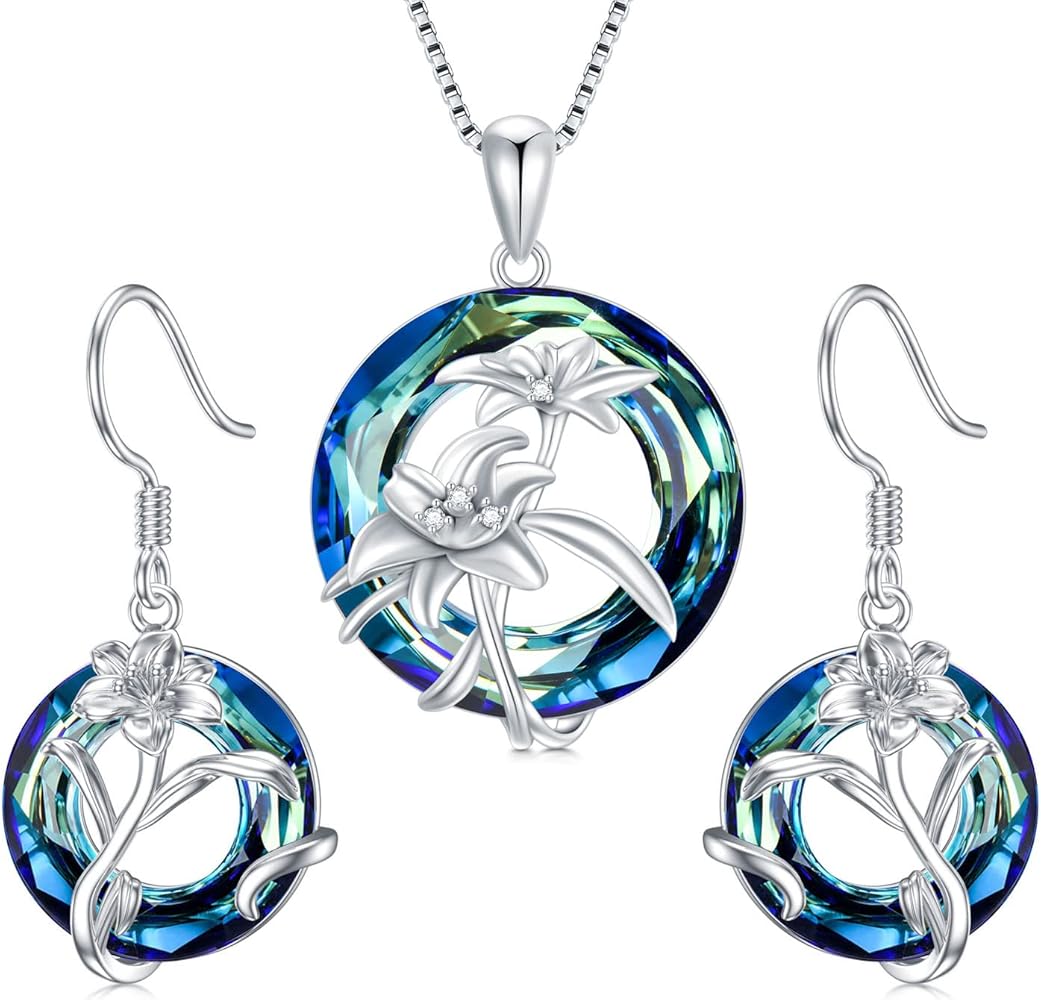 TOUPOP May Birth Flower Necklaces&Earrings 925 Sterling Silver Lily Flower Necklaces&Earrings with Blue Circle Crystal May Birth Month Flower Jewelry Gifts for Women Girls Her Christmas Birthday Anniv