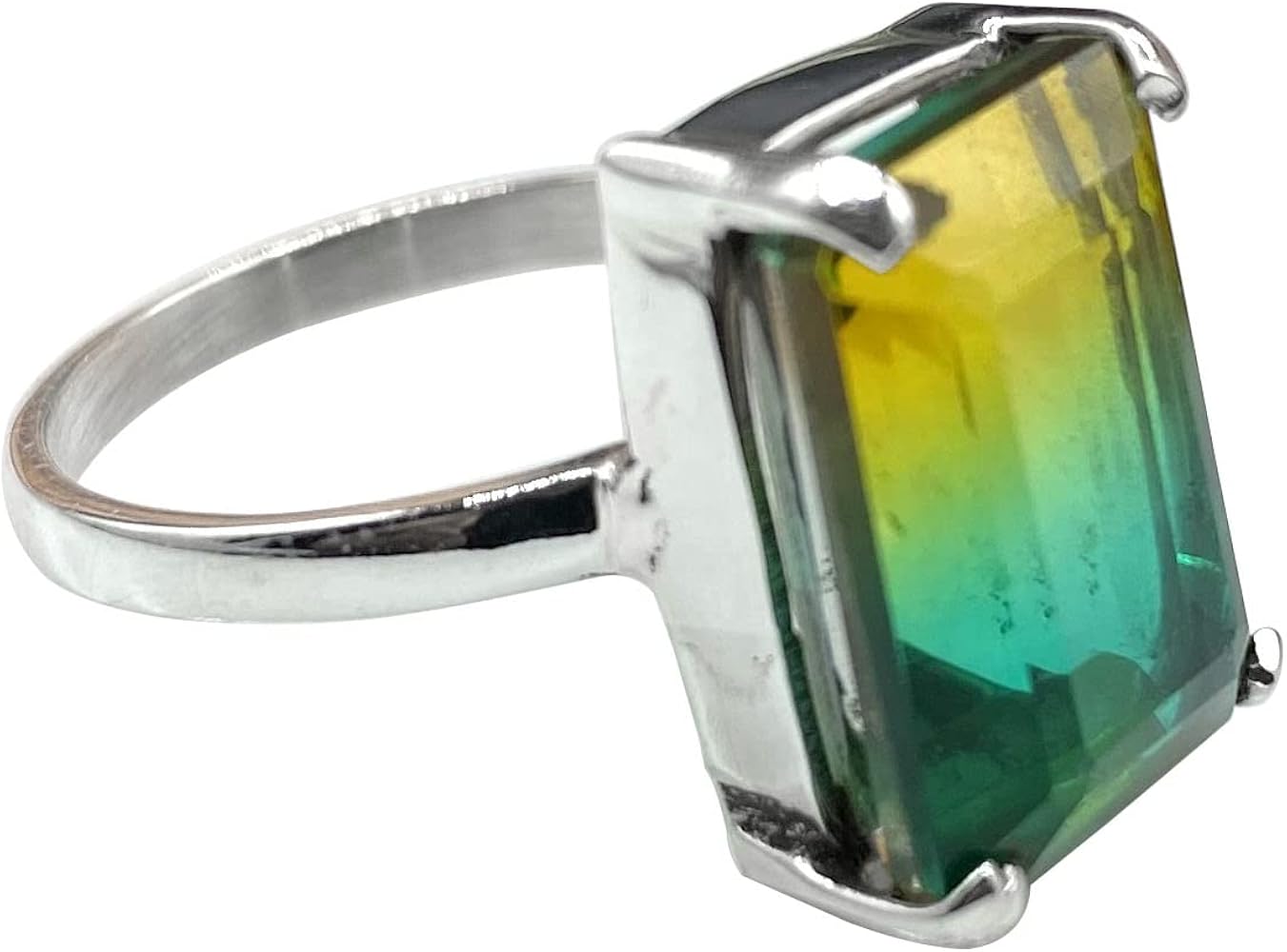 Bi Color Tourmaline Doublet Ring 925 Sterling Silver Ring Crystal Tourmaline Emerald Cut Gemstone Ring Boho Silver Jewelry