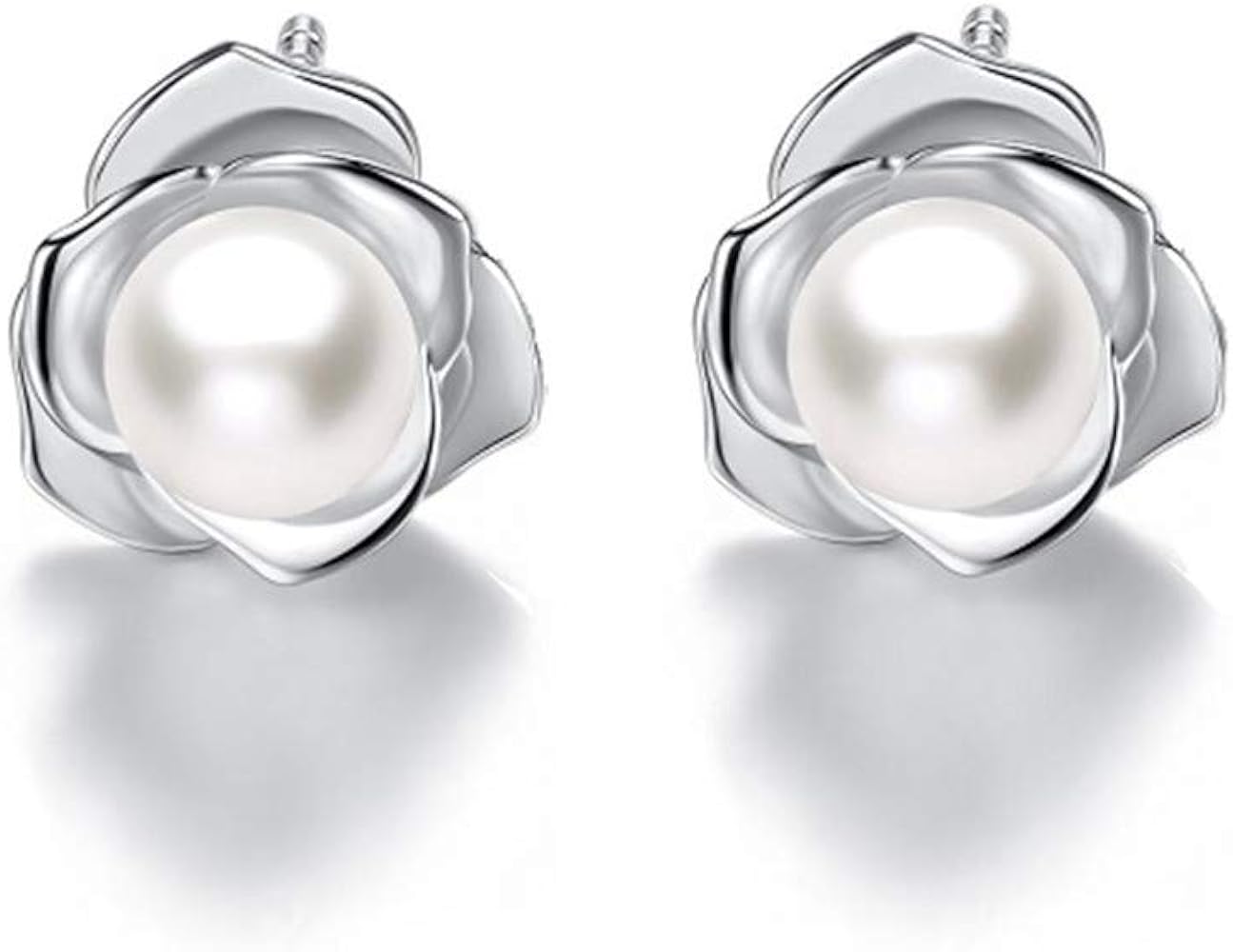 "Lovely Rose" High Polished 925 Sterling Silver Earrings with 7mm Natural Freshwater Pearl