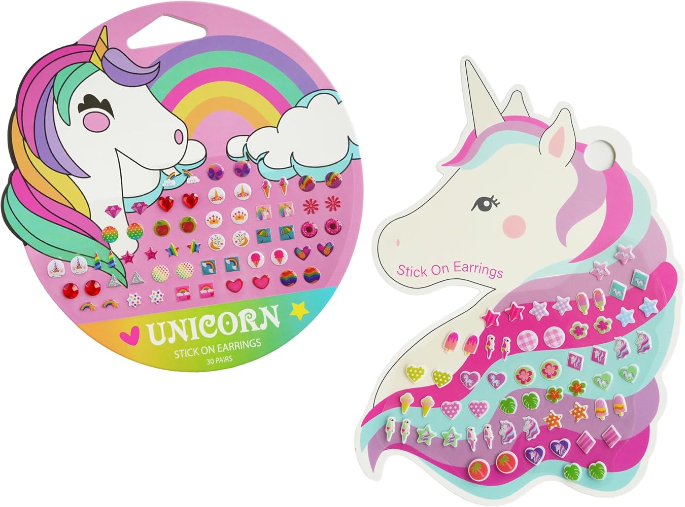 Stick On Earrings - 30 Pairs of Colorful 3D Self-Adhesive Unicorn, Mermaid, Rainbow Sticker Earrings for Girls Toddles – Jewelry Set Perfect for Play Dress Up and Special Occasions