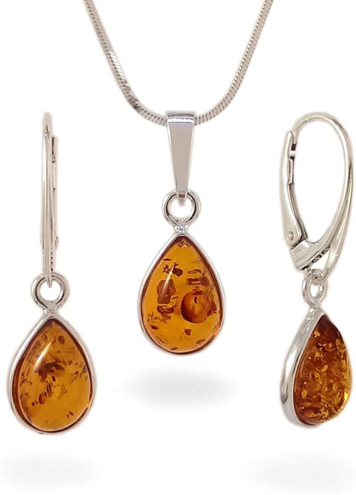 Baltic Amber jewelry set, Drop Pendant Necklace & dangle earring, Sterling Silver, Real Amber, Gift Jewelry