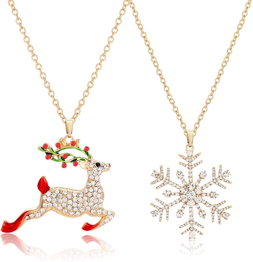 NLCAC Christmas Necklace Sparky Crystal Snowflake Reindeer Pendant Necklace Xmas Santa Holiday Festival Jewelry Necklace 2 Pieces