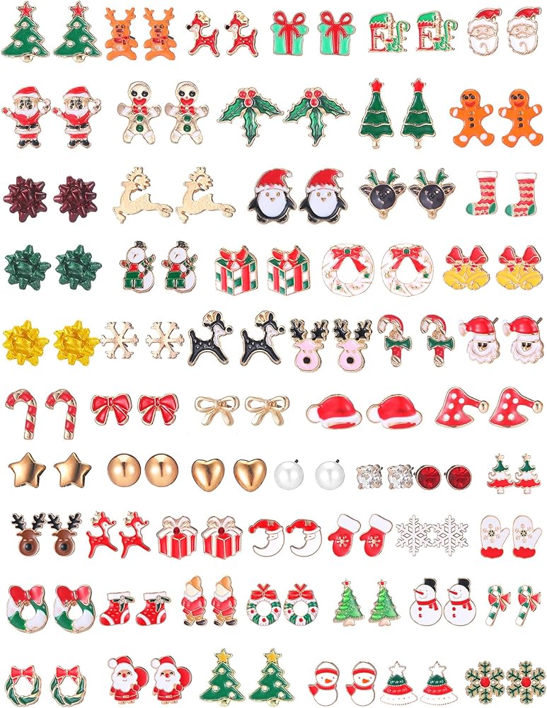 Estune 60 Pairs Christmas Stud Earrings Sets Christmas Earrings Bulk for Women Holiday Earrings Cute Santa Claus Elk Stocking Snowman Snowflake Stud Earrings Gifts for Women Party Festive Jewelry