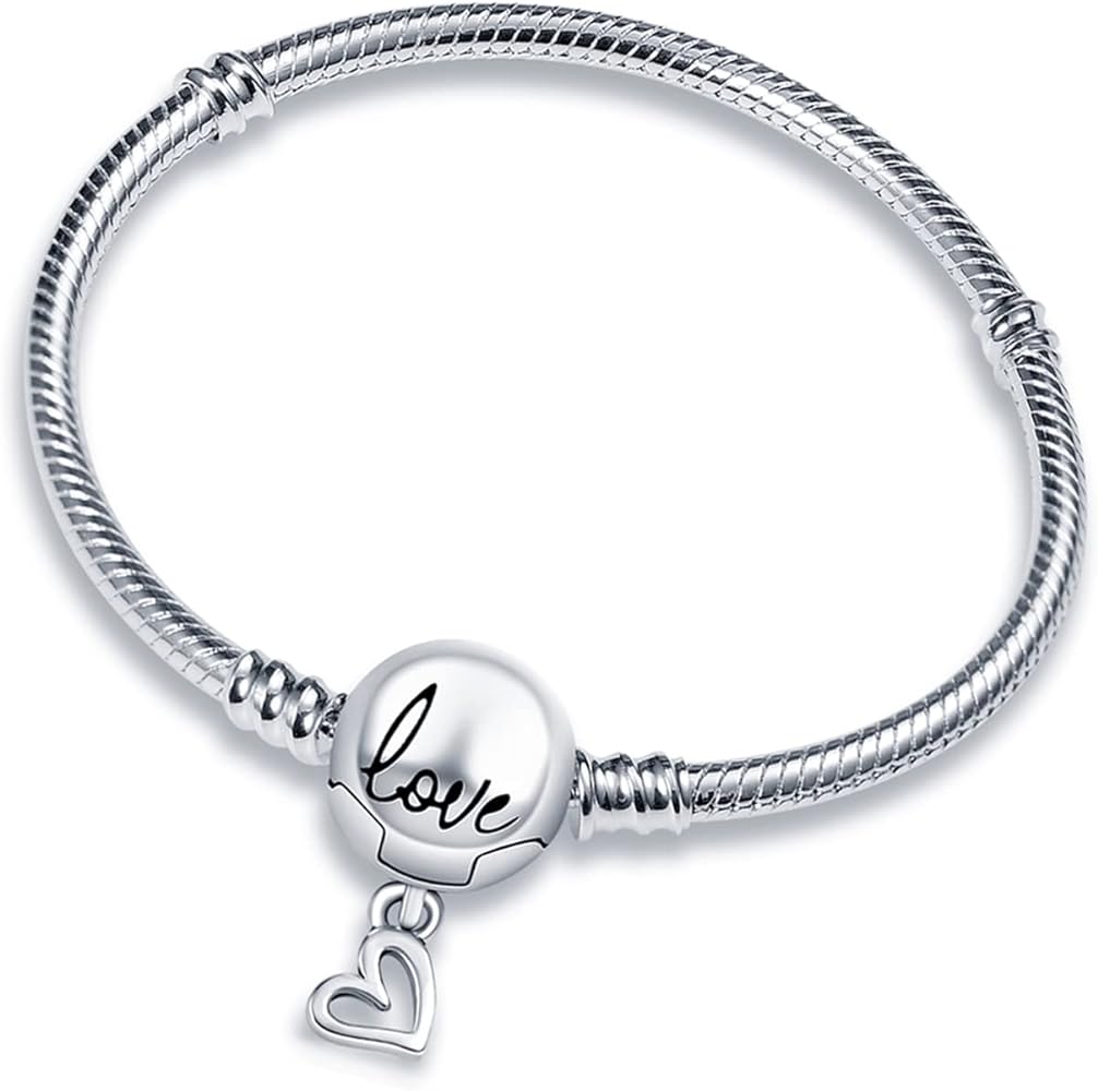 Charm Bracelet For charms, 925 Sterling Silver Basic heart clasp Iconic Snake Chain Bracelet Gift for Girls Women-7.9in/20CM