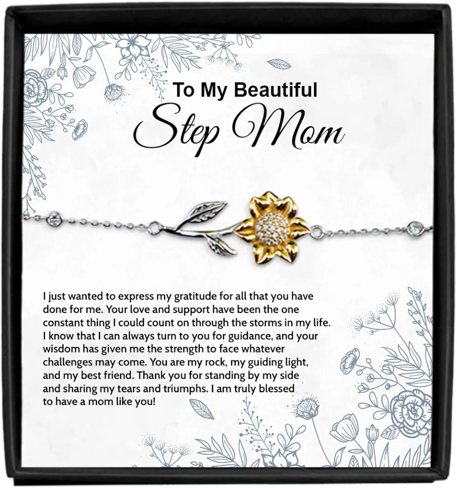 Creator's Cove Step Mom Gold Sunflower Bracelet from Bonus Daughter, Thank You Bonus Mom Birthday Silver Jewelry from Step Daughter, Gift for Mothers Day