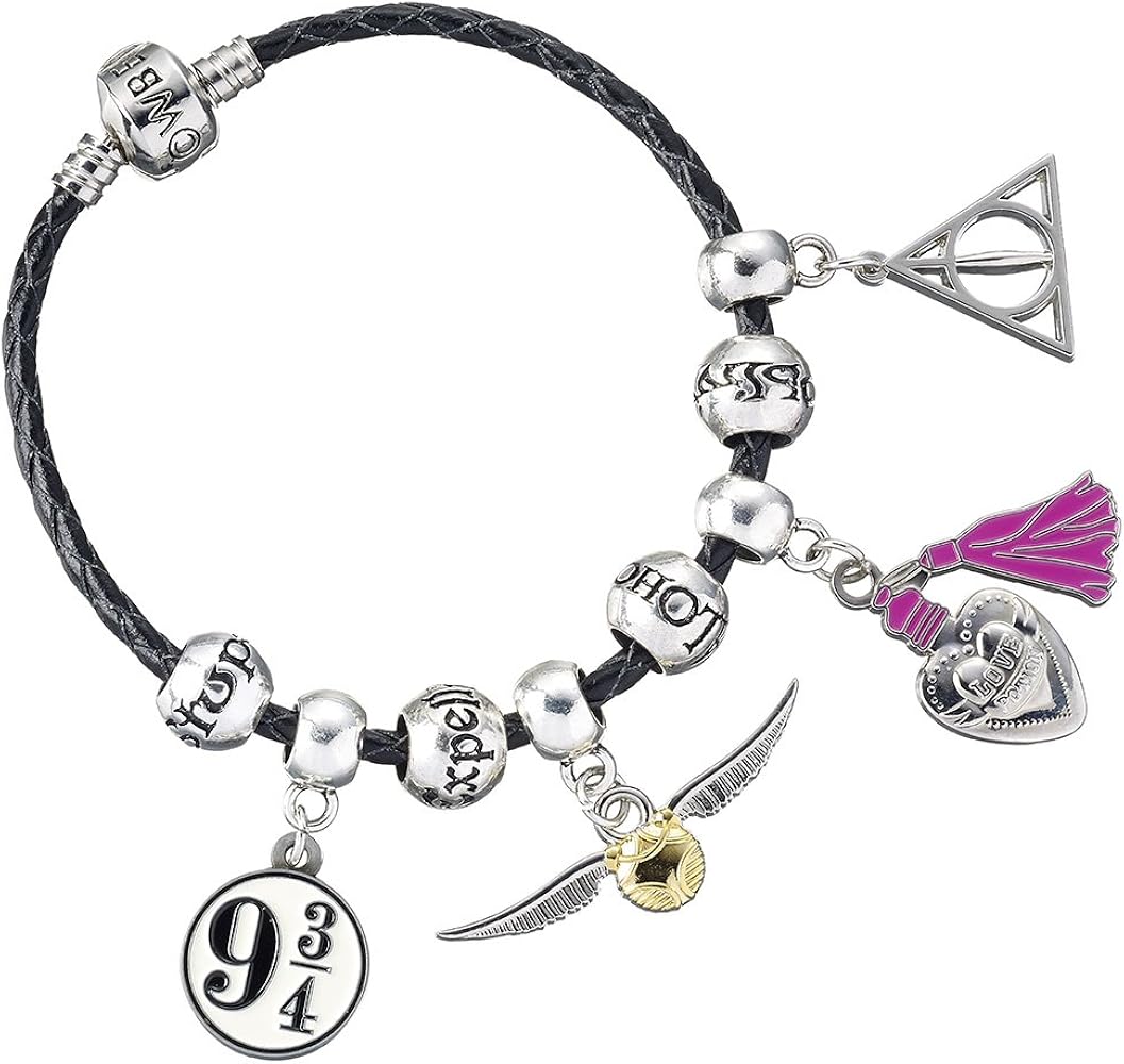 Harry Potter Charm Set- Black Leather Bracelet/deathly Hallows/snitch/platform/2 Spellbeads