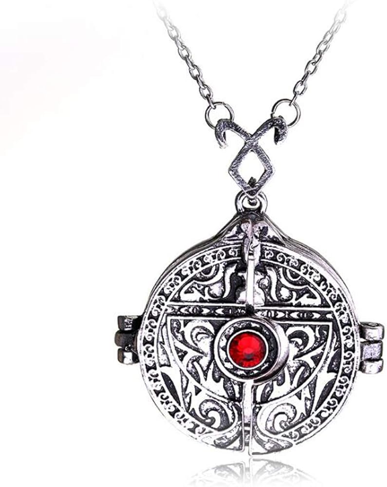 Vintage City of Bones Magic Mirror with Ruby Locket Pendant Necklace with Jewelry Box,City of Bones Necklace for Boys,Girls (Antique Sivler)