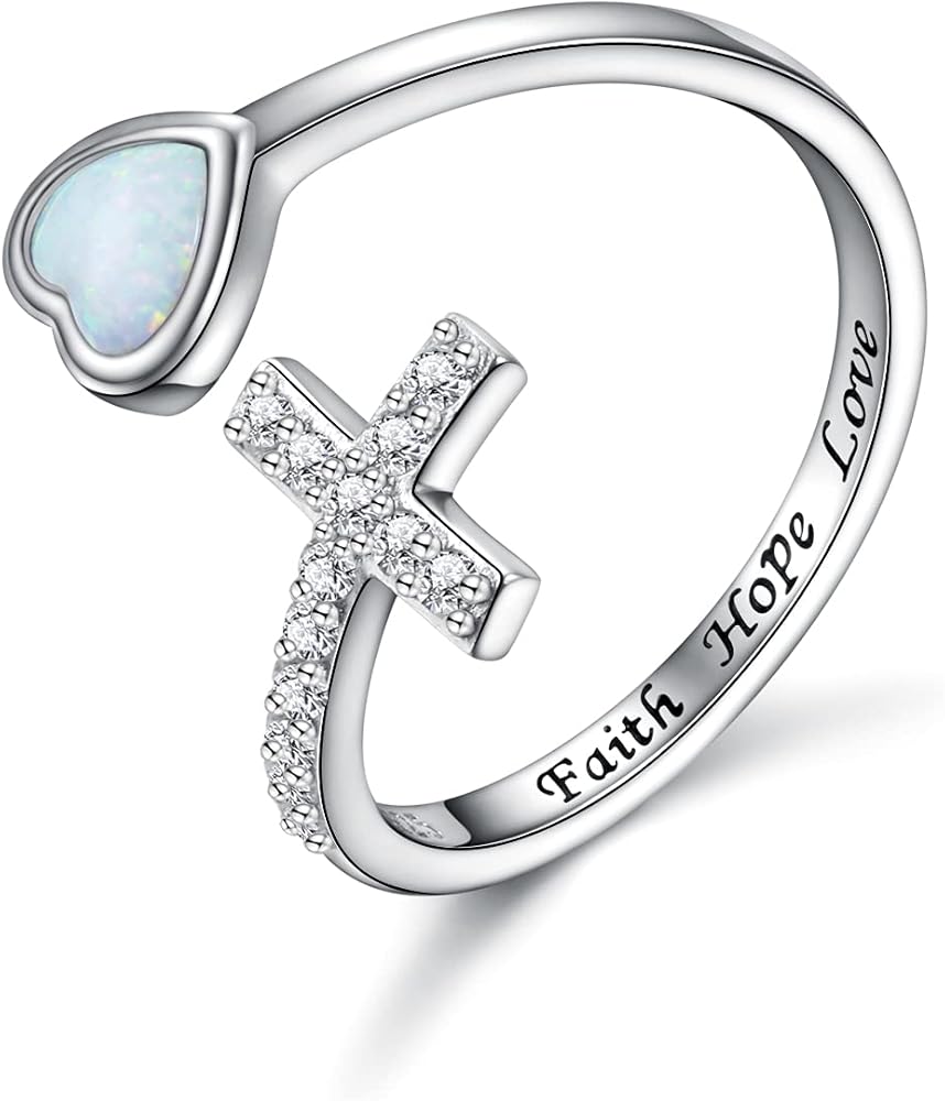 MANBU Faith Hope Love Cross Ring - 925 Sterling Silver Purity True Love Waits Inspirational Adjustable Cross Wrap Ring Christian Jewelry Gift for Women Teen Girls