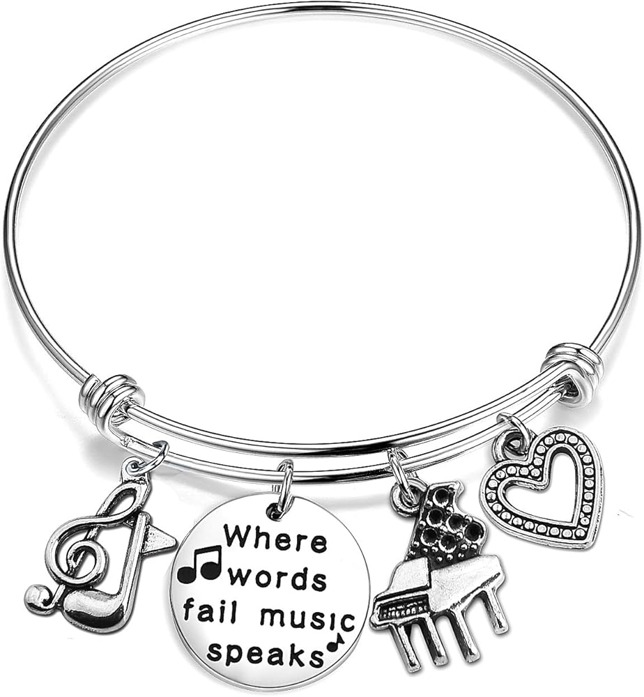 ENSIANTH Music Gift Where Words Fail Music Speaks Expandable Music Charm Bangle Music Lovers Jewelry