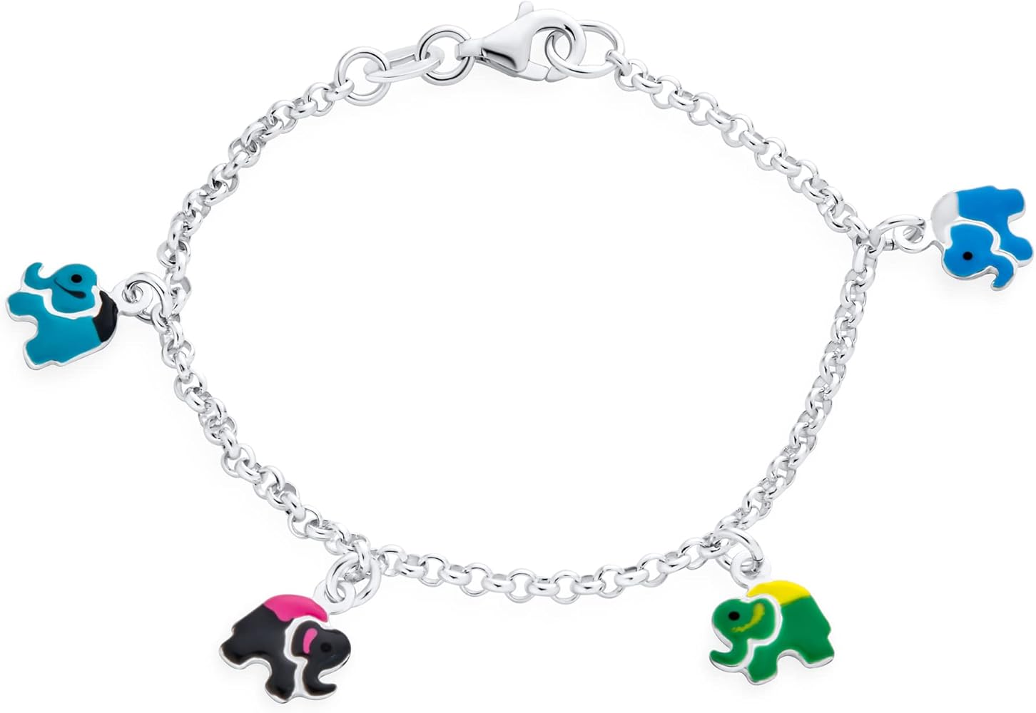 Good Luck ZOO Animal Lucky Garden Colorful 5 Multi Elephant Dangling Charm Bracelet For Teens .925 Sterling Silver 6 Inch Small Wrist & 7.5 Inch