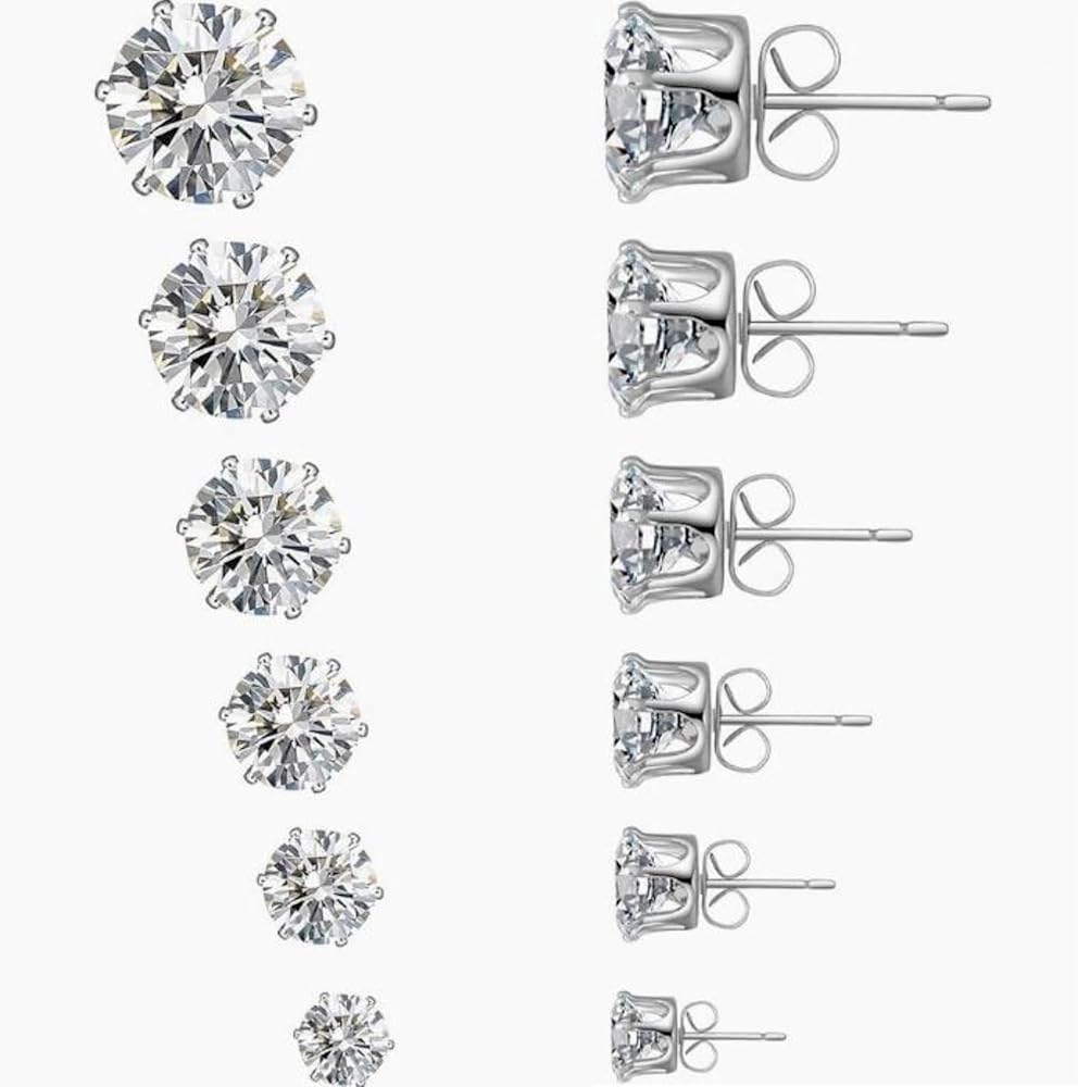 6 Pairs Stainless Steel Stud Earrings Set Hypoallergenic Cubic Zirconia 316L CZ Earrings 3-8mm(0.12-0.32Inches)