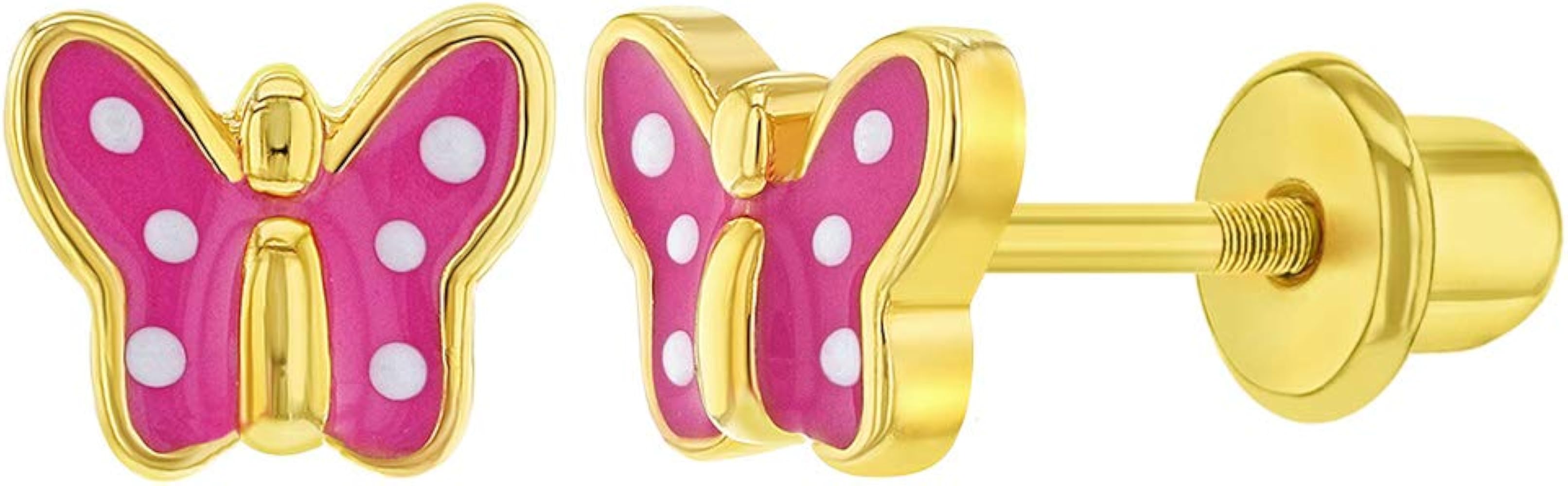 Gold Plated Pink Polka Dot Butterfly Safety Screw Back Baby Earrings for Toddlers and Little Girls 5mm - Sweet and Adorable Pink Enamel Butterfly Jewelry, Gift for Butterfly Lover Kids