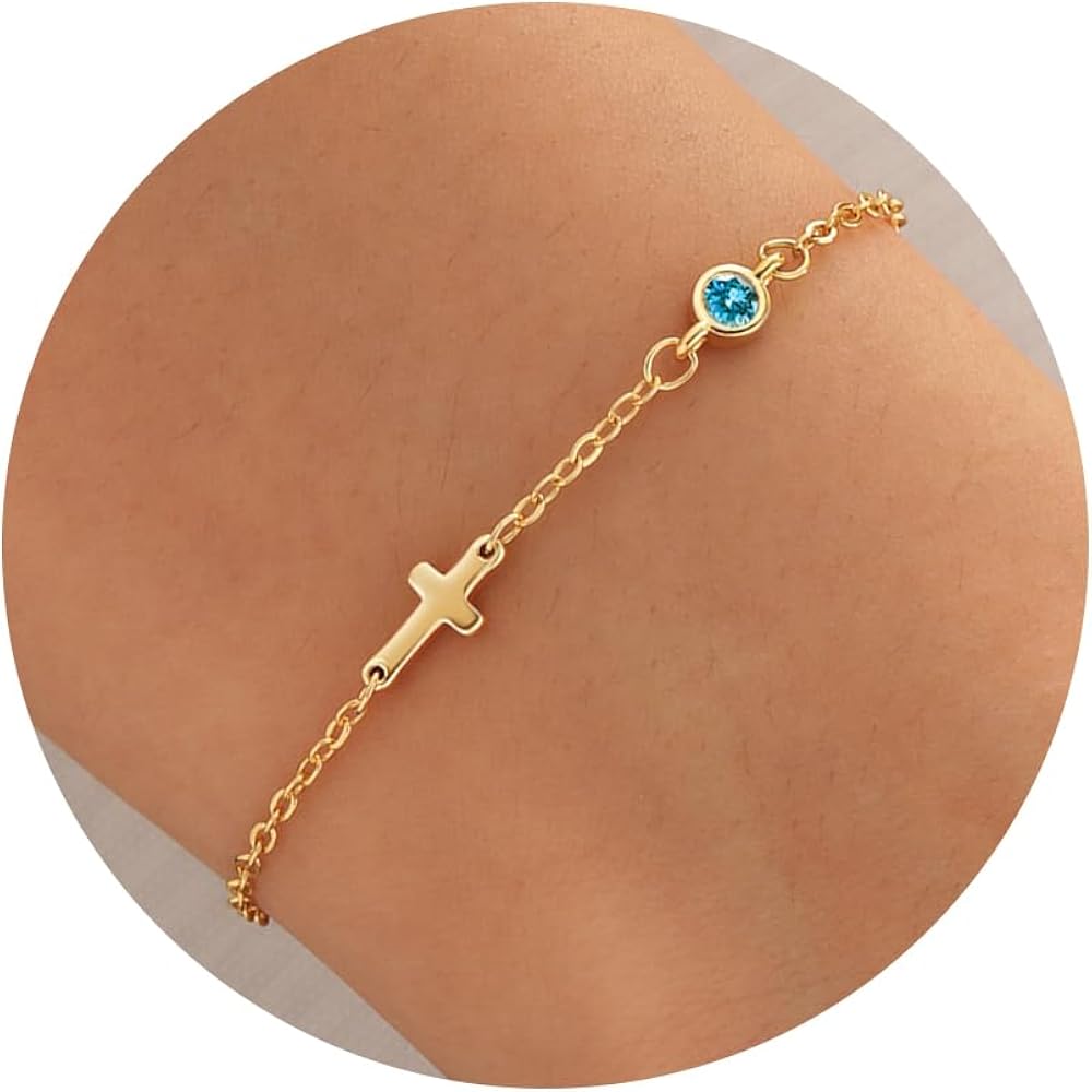 Birthstone Cross Bracelet for Women Birthday Gifts for Teen Girls Dainty 14K Gold Plated Cross Birthstone Adjustable Bracelets Religious Christian Jewelry for Women Stocking Stuffer