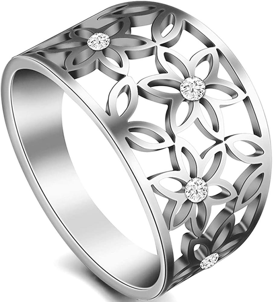 Jude Jewelers Stainless Steel Carved Flower Pattern Promise Wedding Statement Cocktail Party Ring