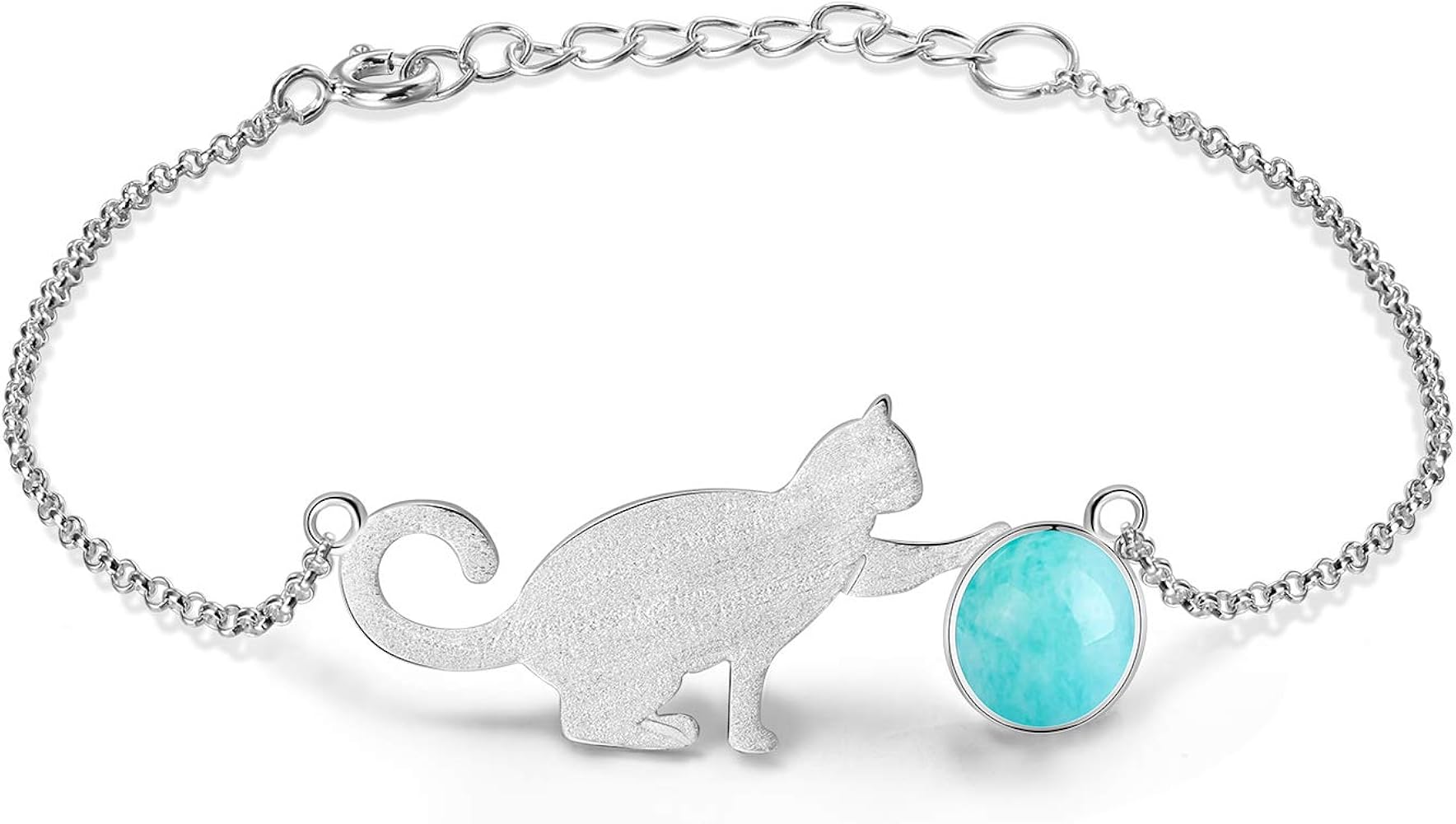 ♥Christmas Gifts♥925 Sterling Silver Bracelet with Amazonite Cat Playing Balls Adjustable Kitten Bracelets with Chain length 6.5''-7.6'', Handmade Unique Jewelry Gift for Little Girls Teen Girls Women