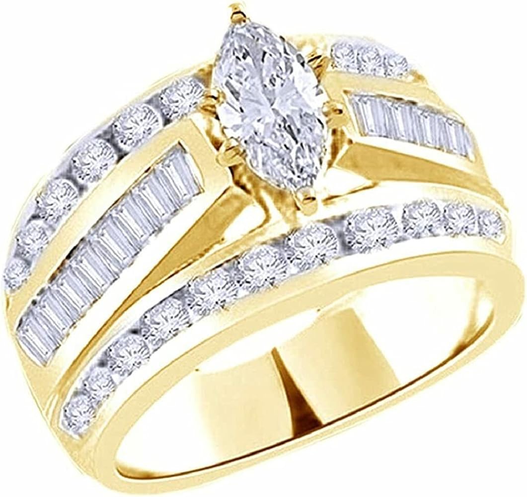 Indi Gold & Diamond Jewelry Marquise Cut White Diamond in 925 Sterling Silver 14K Yellow Gold Over Diamond Wedding Trio Ring Set for Him & Her