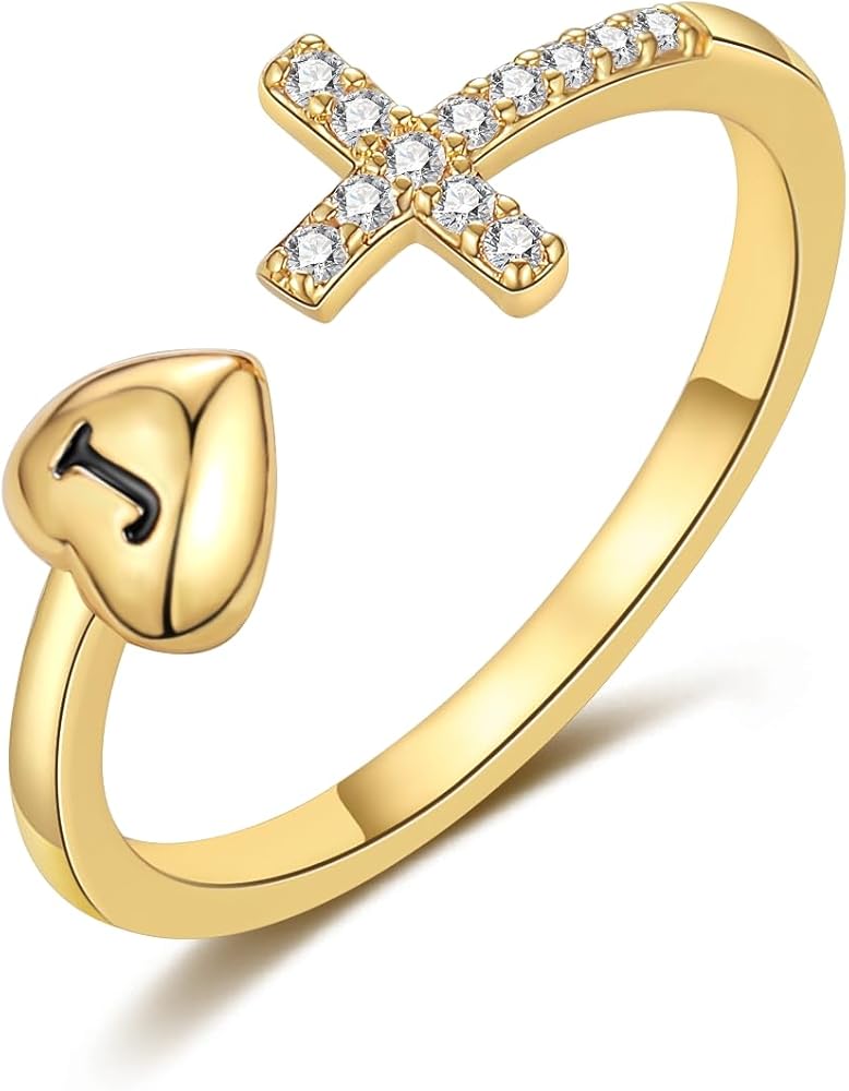 RLMOON Heart Initial Ring 14K Gold/Silver Plated CZ Cross Ring for Women Teen Girls Non Tarnish Gold Ring Adjustable Dainty Letter Ring Personalized Gold Jewelry Gift