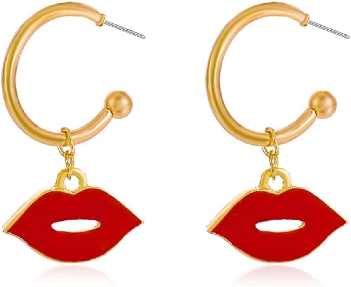 Fashion Red Lips Dangle Drop Earrings for Women Girls Gold Plated C Shaped Half Hoop Earrings Statement Stud Earrings Open Huggie Hoops Dainty Jewelry