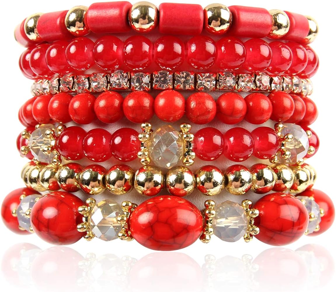 RIAH FASHION Multi Layer Bead Bracelet - Colorful Stacking Beaded Strand Stretch Cuff Statement Bangles Set