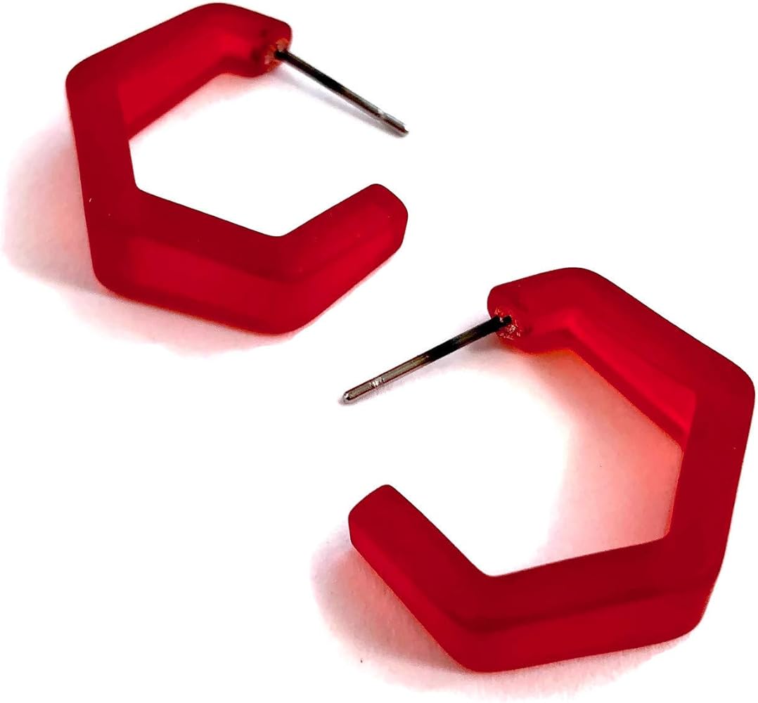 Cherry Red Frosted Lucite Tapered Hex Hoop Earrings - TPHX-RD-1