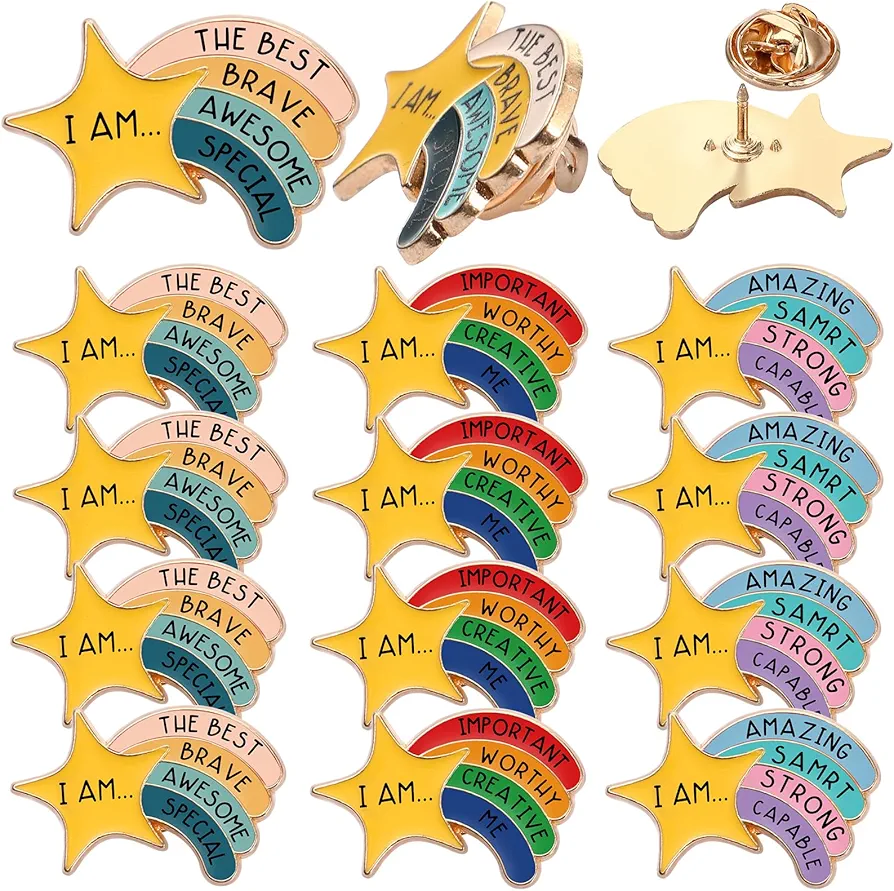 12 Pcs Motivational Rainbow Lapel Pin Bulk for Student Inspirational Important Awesome Brooches Back to School Gifts from Teacher for Students High School Classroom Award(Star Sign)