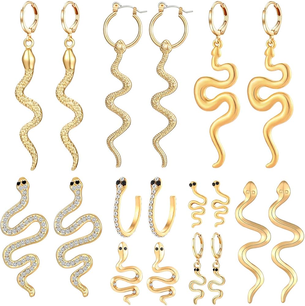 9 Pairs Snake Earrings Charm Huggie Hoop Earrings Set Punk Rhinestone Serpent Drop Dangle Stud Earrings Minimalist Crystal Long Snake Earrings for Women Jewelry Gift,Gold