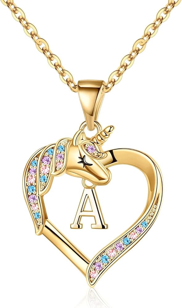 Hidepoo Unicorns Gifts for Girls, 14K Gold Plated Colorful CZ Heart Pendant Unicorn Necklace Girls Jewelry Letter Initial Unicorn Necklaces for Girls Women Unicorn Gifts for Girls Teen Girls