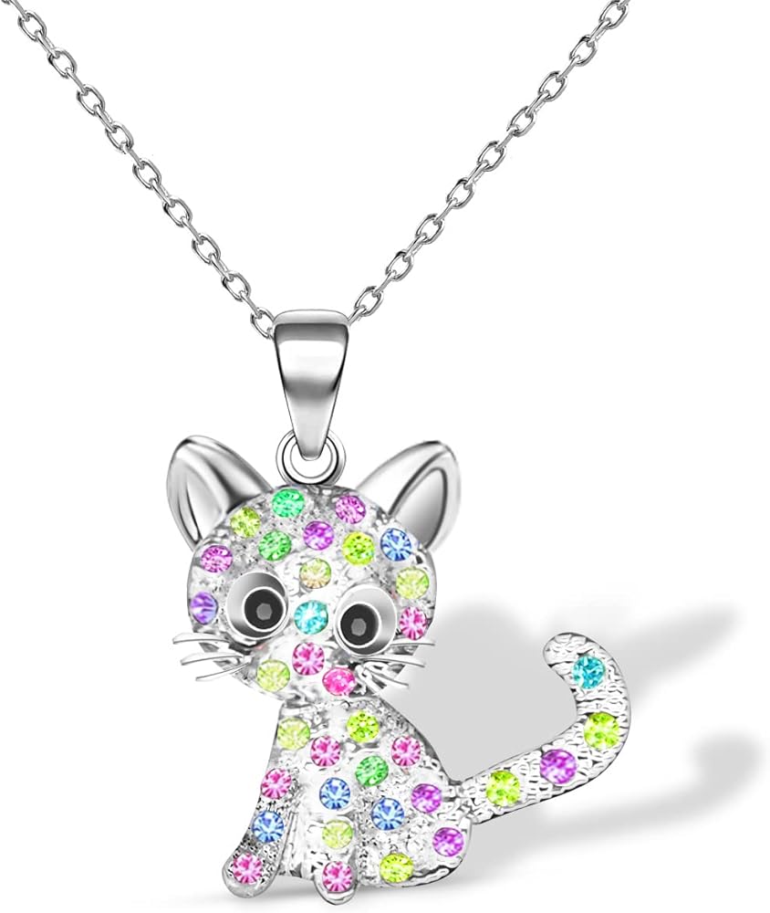 CANIPHA Cat Pendant Necklace for Girls Kids,Small Cute Kitty Rainbow Rhinestone Pendant Necklace Jewelry for Women Teen Girls 10-12,Crystal Choker Friendship Daughter Loved Gifts 18+2 inch Long Chain