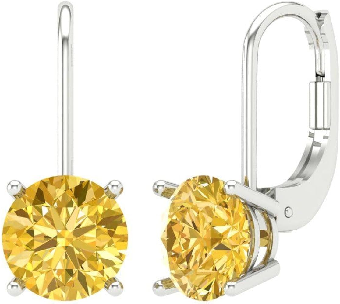 Clara Pucci 2.9 Carat Round Cut Solitaire Canary Yellow Unisex Designer Lever back Drop Dangle Earrings 14k White Gold conflict free Jewellery