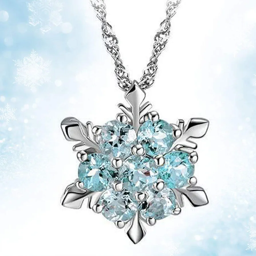 Girls Frozen Snowflake Crystal Pendant Necklace Ocean Green Pendant for Gift