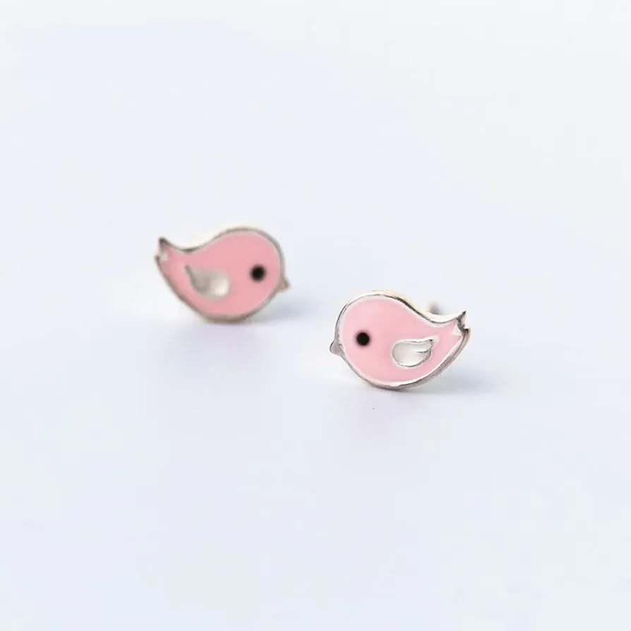 earrings 925 Sterling Silver Pink Bird Stud Earrings For Kids Children Girl Lovely Hypoallergenic Animal Sterling-silver-jewelry BY SGDFDJU