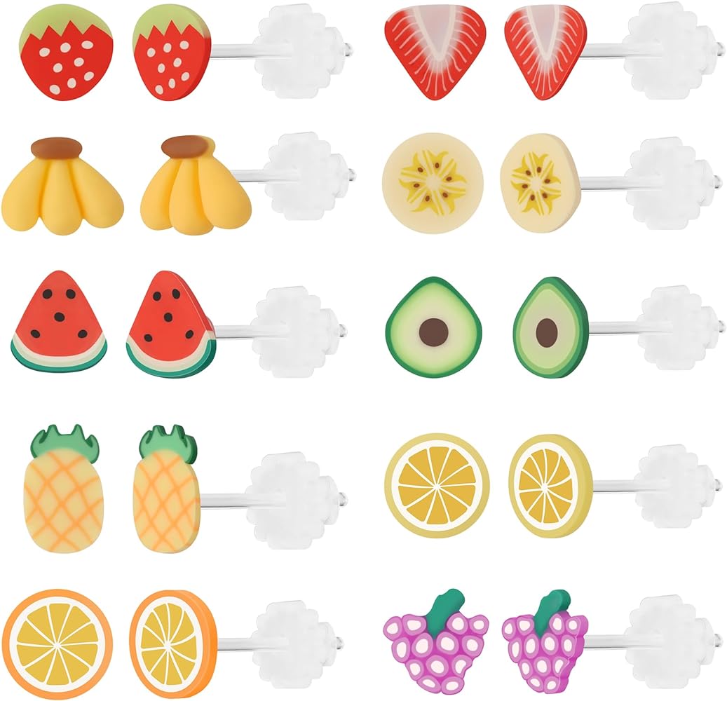 AoedeJ 10 Pairs Fruit Earrings Plastic Earrings Fruit Stud Earrings Plastic Post Earrings Hypoallergenic