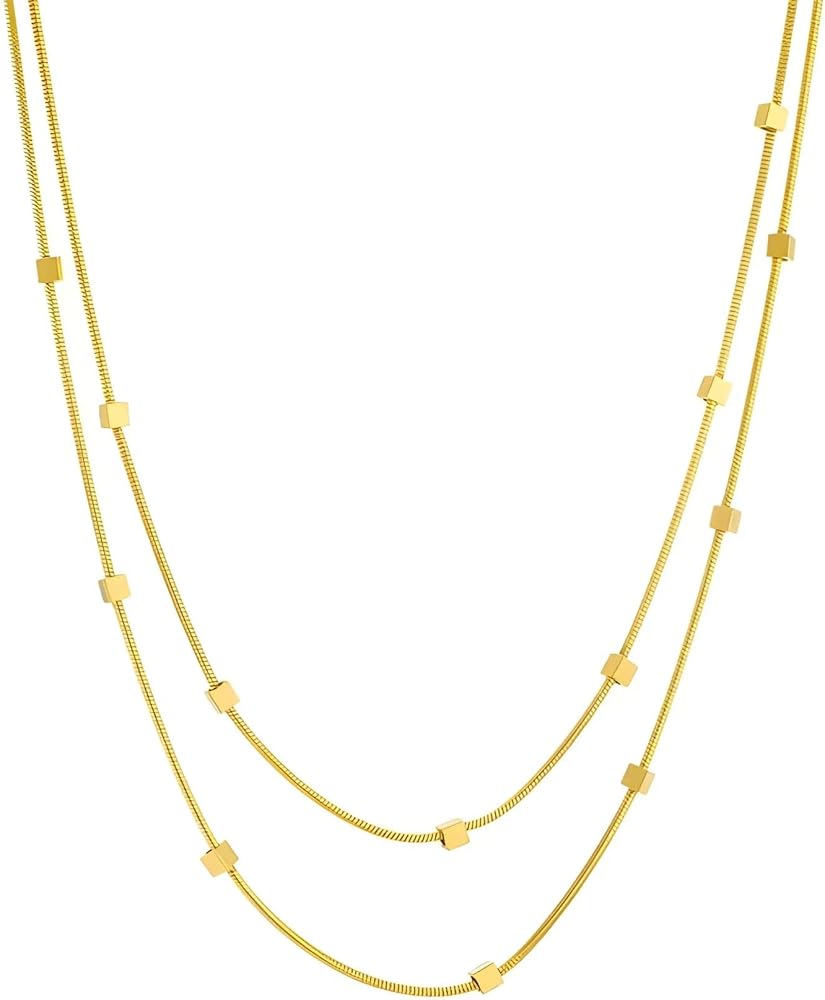 Double Layer Square Block Titanium Steel Necklace - 18K Gold Plated, Waterproof, Non-Tarnish Chains. Ideal Jewelry Gift for Women.