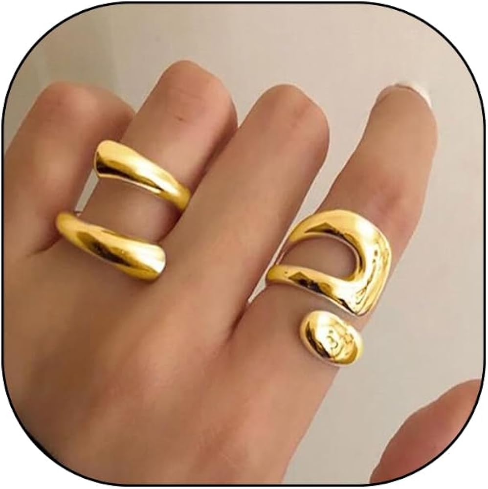 Retro Exaggerated Geometric Ring Set for Teen Girl 14k Gold Bohemian Statement Open Chunky Stackable Ring Hip Hop Punk Twist Spiral Thumb Jewelry