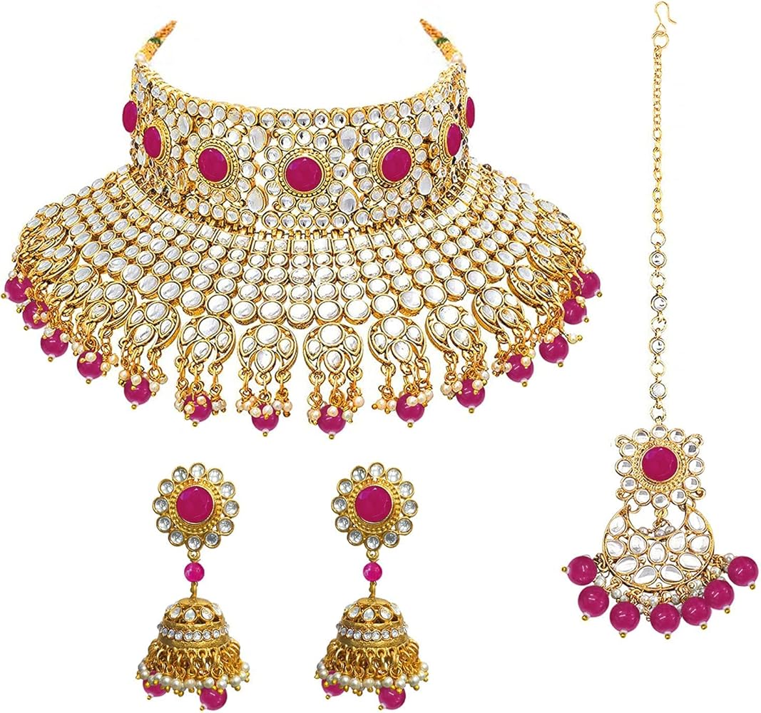 Aheli Ethnic Kundan Pearl Bridal Choker Necklace Earrings with Maang Tikka for Women Indian Traditional Bollywood Fashion Jewelry Set