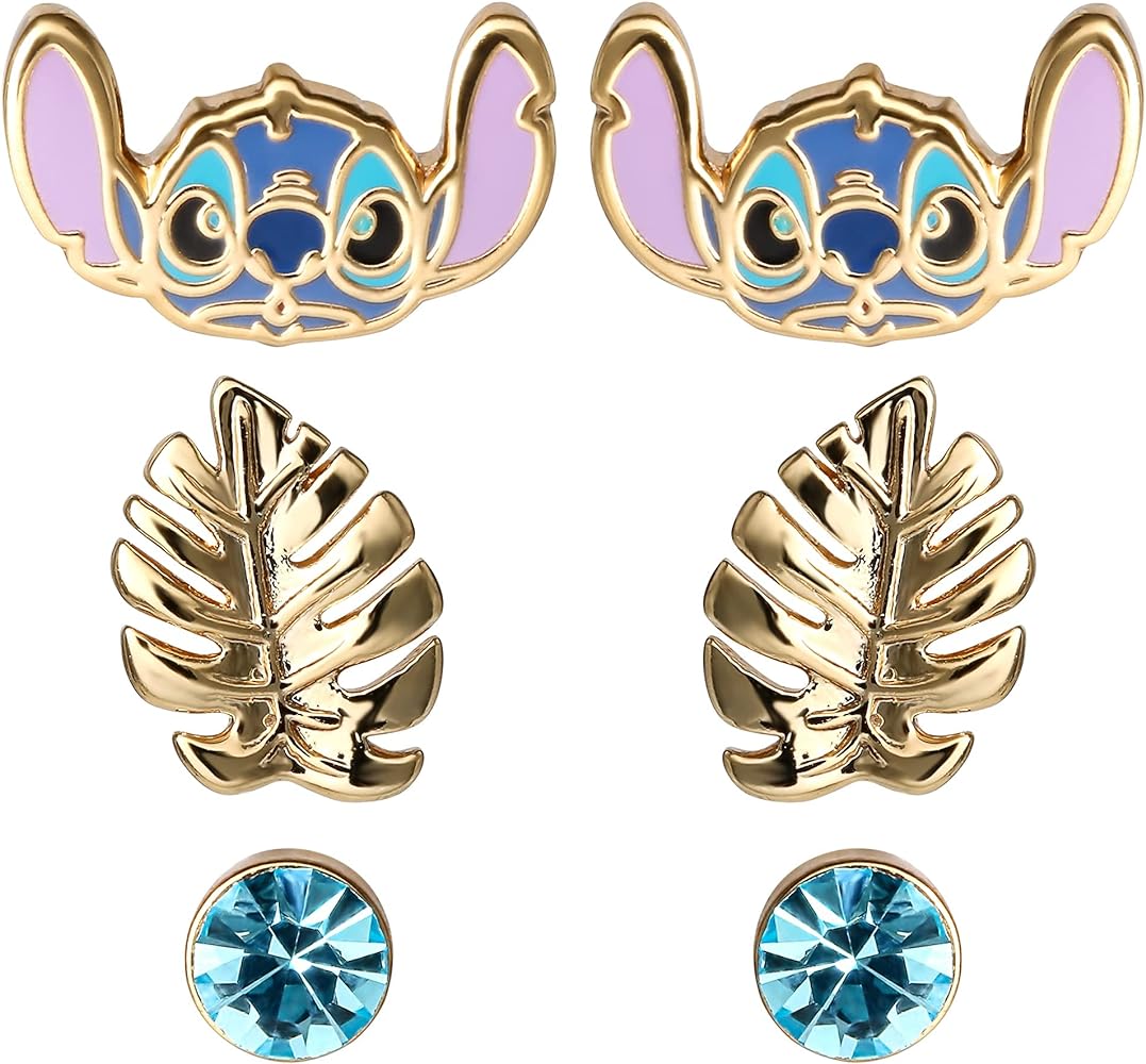 Disney Stitch Girls Earrings 2 and 3 Piece Sets - Flash Plated Set of 2 or 3 Stud Stitch Earrings for Girls - Officially Licensed Stitch Jewelry