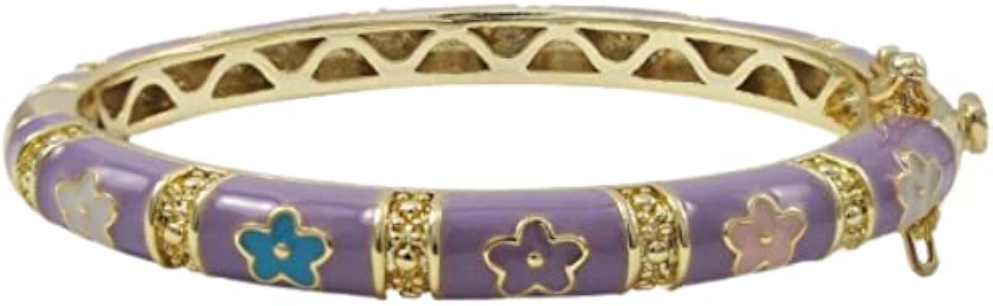 Gold Finish Lavender Enamel Multi Flowers Girls Bangle Bracelet