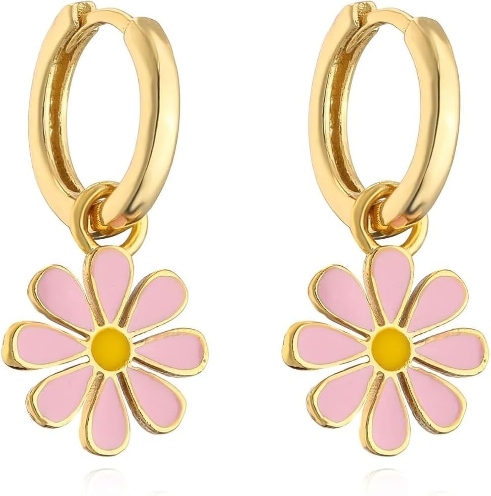 Blue Drop Small Hoop With Daisy Flower Charm Earrings For Women Teen Girls Vintage 18K Gold Plated Pretty Flora Earring Huggie Hoops Fashion Jewelry