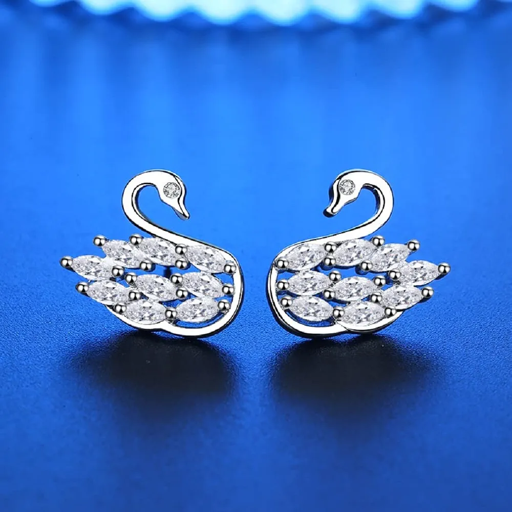 Swan Stud Earring for Women Teen Girls Lovely 3D Cubic Zirconia CZ Stud Earrings 925 Silver Crystal Hypoallergenic Cluster Dainty Stud Earrings