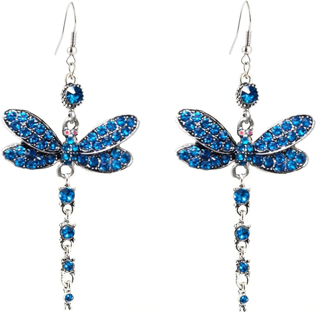 Rhinestone Dragonfly Dangle Earrings for Women Girls Hypoallergenic Cubic Zirconia Crystal Drop Animal Insect Statement Hook Stud Earrings Delicate Elegant Wedding Birthday Christmas Jewelry