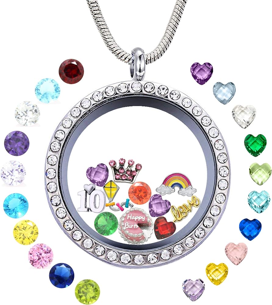 Birthday Gifts for Her, Floating Living Memory Locket Necklace Pendant with Charms & Birthstones for 6th 7th 8th 9th 10th 11th 12th 13th 14th 15th Sweet 16 18th 21st 30th