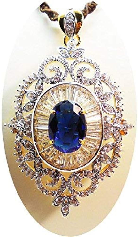 Sapphire & White Cubic Zirconia Pendant & Brooch Thai Baht Yellow Gold Jewelry