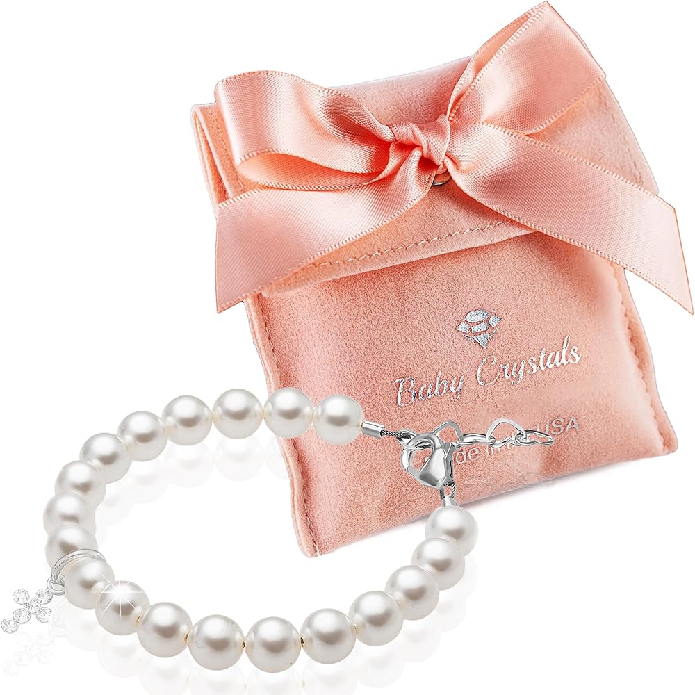 Baptism Pearl Bracelet for Girls, Sterling Silver Crystal Cross Charm, Baptism Gifts for Girl with white simulated Pearls and Crystals, elegant Girls Jewelry