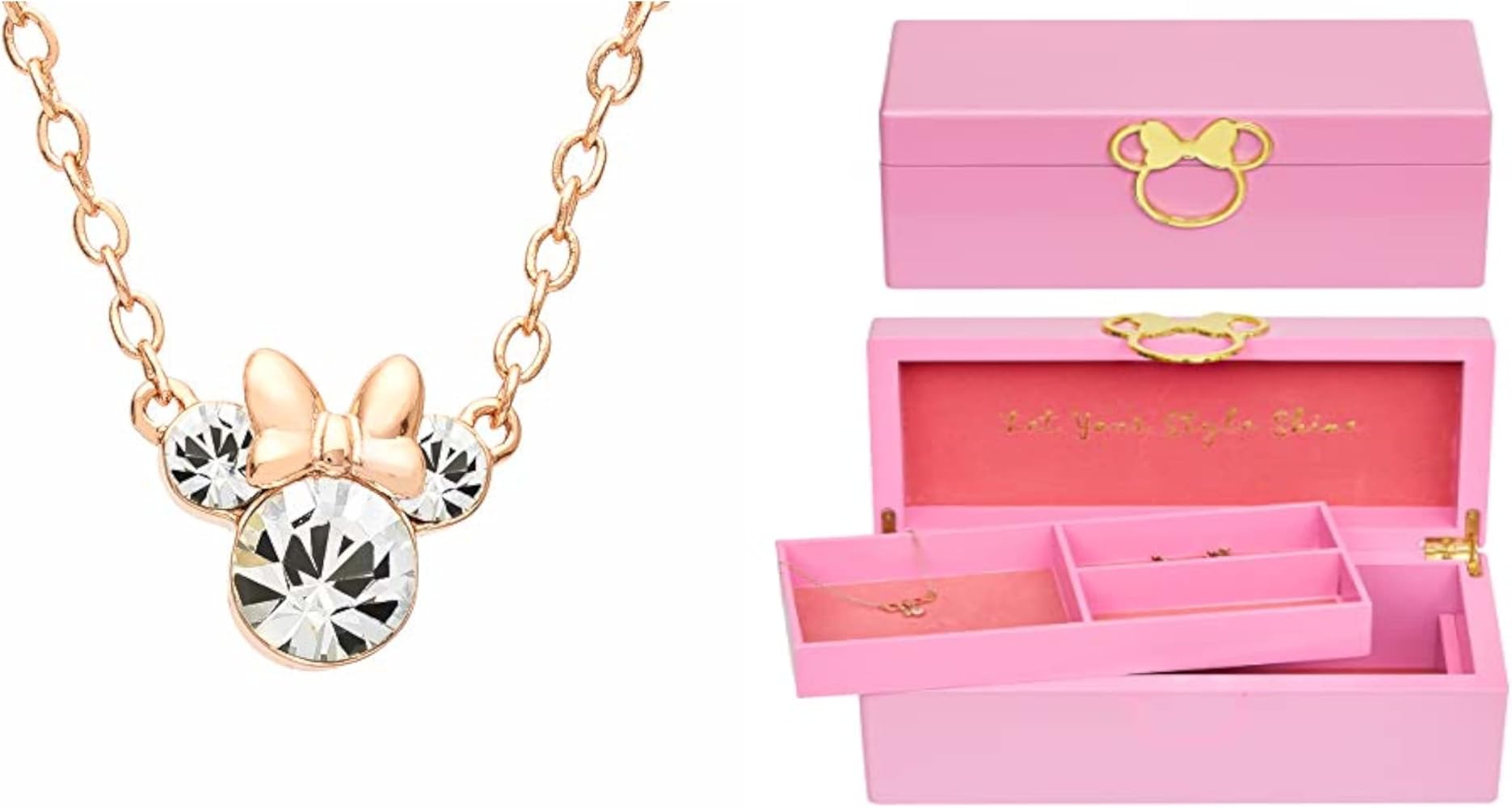 Disney Minnie Mouse April Birthstone Rose Gold Flash Plated Necklace and Jewelry Box Show Your Minnie Style Jewelry Organizer Bundle