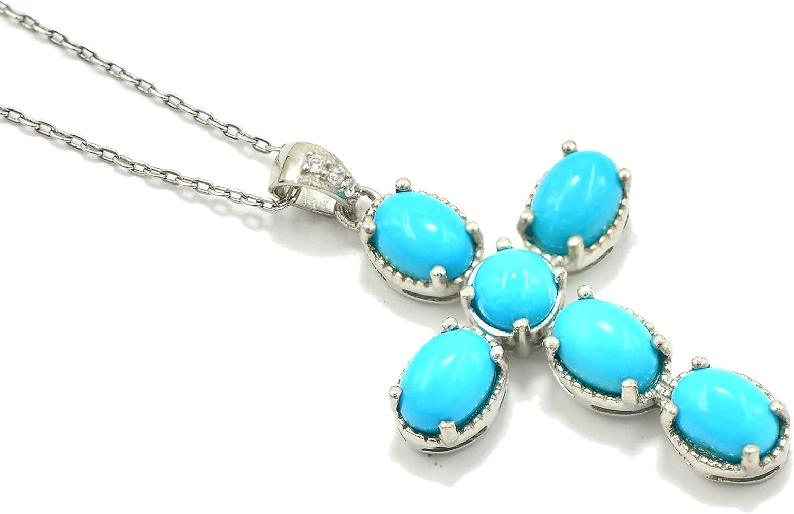 Natural Sleeping Beauty Turquoise 7X5 MM Oval Round Gemstone 925 Sterling Silver Holy Cross Pendant Necklace December Birthstone Turquoise Jewelry Proposal Necklace Gift Girlfriend (PD-8458)