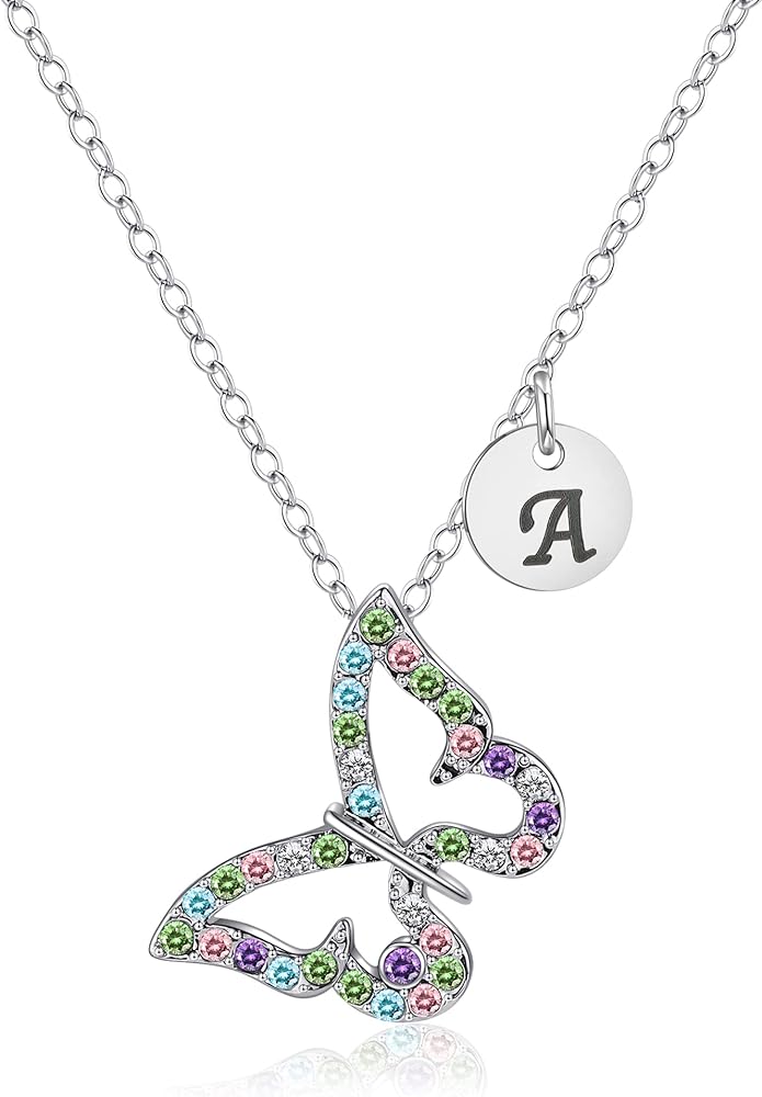 Butterfly Necklace Multi-color Crystal for Girls Women Letter Initial Butterfly Pendant Necklace 26 Initial Necklace Jewelry Birthday Gift Butterfly Gifts for Girls (A)