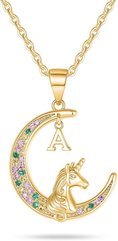 Unicorns Gifts for Girls, 14K Gold/White Gold/Rose Gold Plated CZ Unicorn Letter Initial Necklace for Teen Girls Jewelry Moon Pendant Unicorn Necklace for Girls Little Girls Unicorn Gifts for Girls