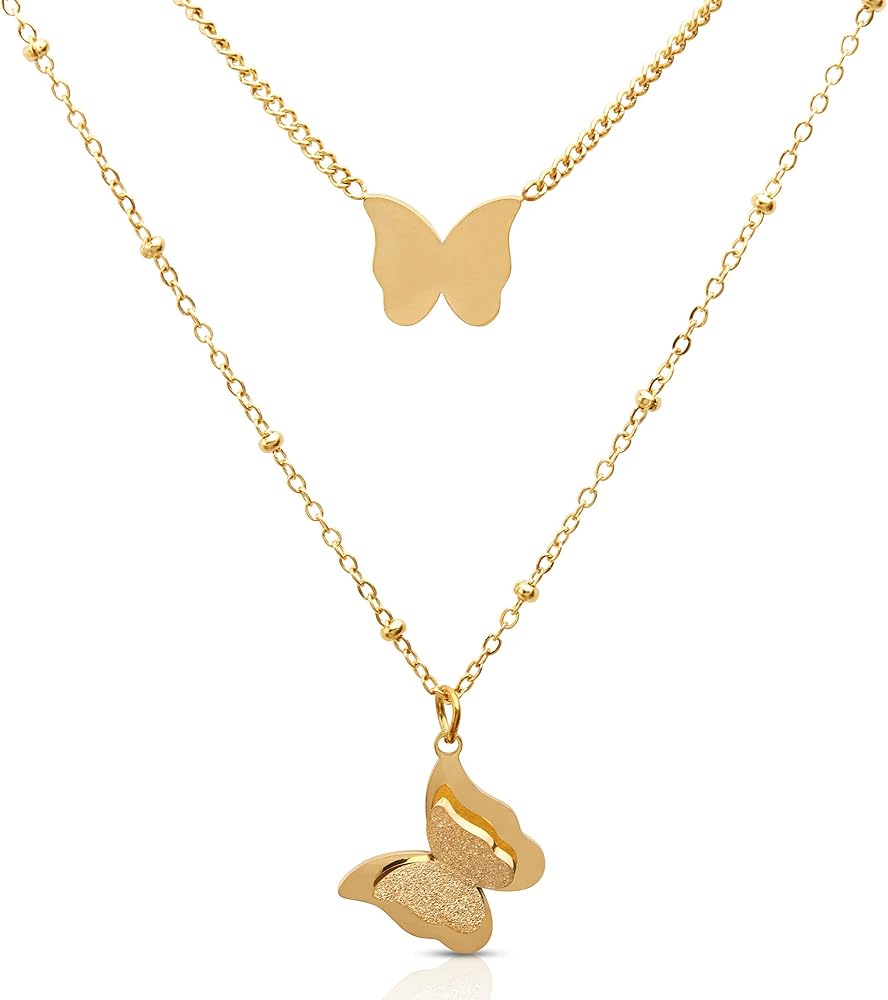 Gold Butterfly Necklace for women, Girls Necklace - 14k Gold Dipped Layered - Dainty Simple trendy layering Necklaces - Preppy Stacked Minimalist Necklaces